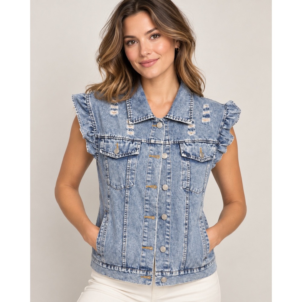 denim vest, acid wash, Y2K, ruffle sleeve, distressed denim.
